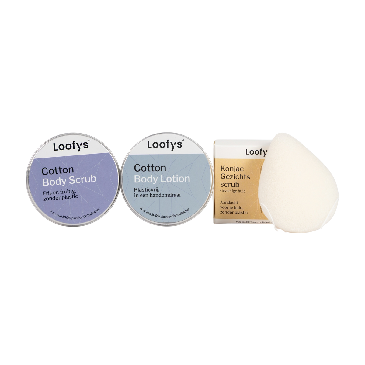 Loofys® Alles-in-1 Cadeauset Cotton – body lotion, body scrub en konjac spons