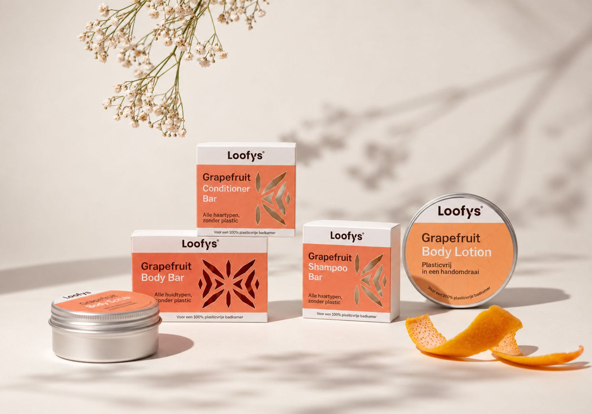 Loofys Grapefruit shampoo bar, body bar en lotion in frisse citrusgeur