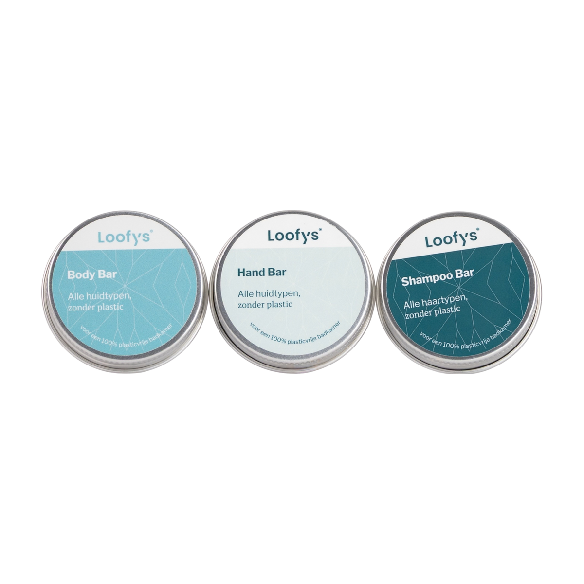 Loofys® Mini Bar Trio 30 g – shampoo bar, body bar en handzeep bar met reisblikjes
