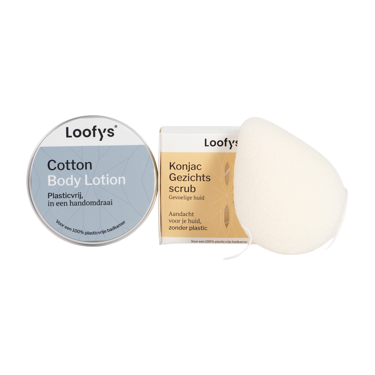Loofys® Verwen & Relax Cadeauset Cotton – body lotion en konjac spons