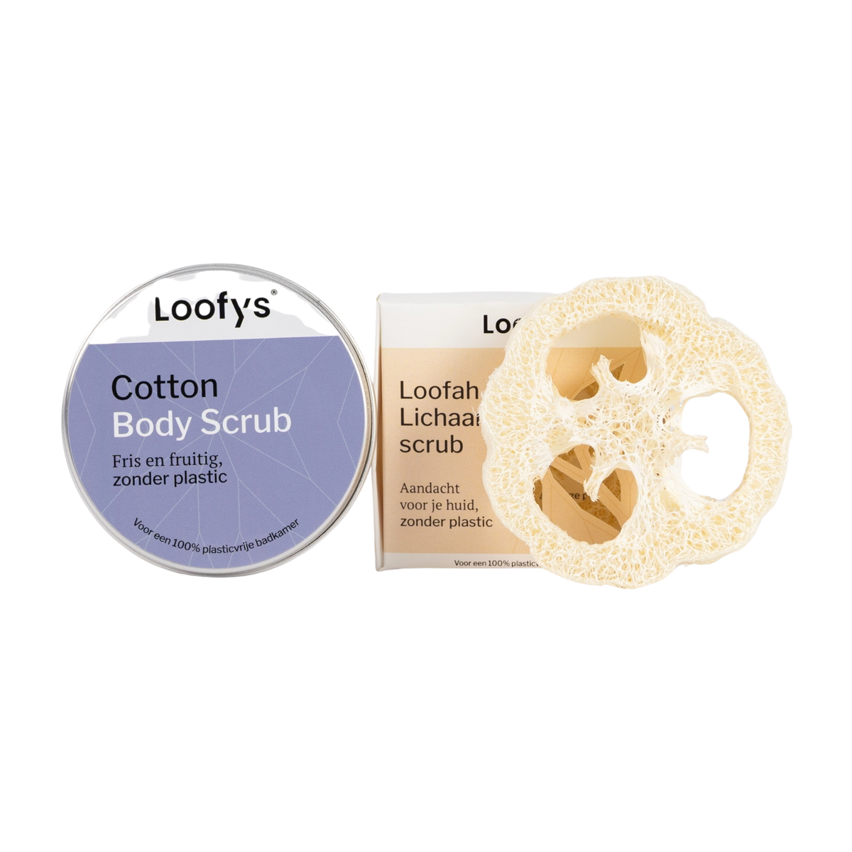 Loofys® Verwen & Relax Cadeauset Cotton – body scrub en loofah