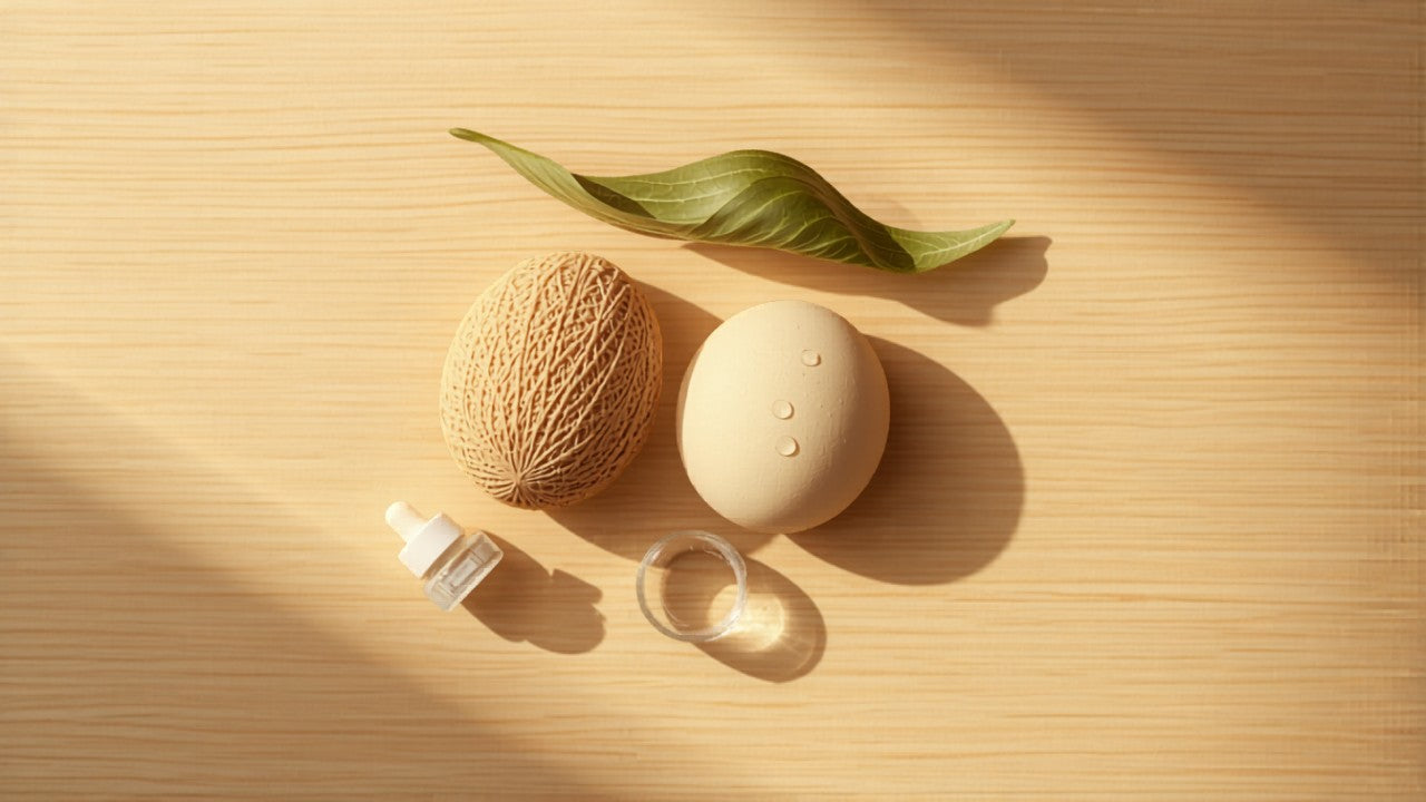 Natuurlijke loofah spons en konjac spons op een houten ondergrond — duurzame scrubproducten voor een egale, langdurige teint