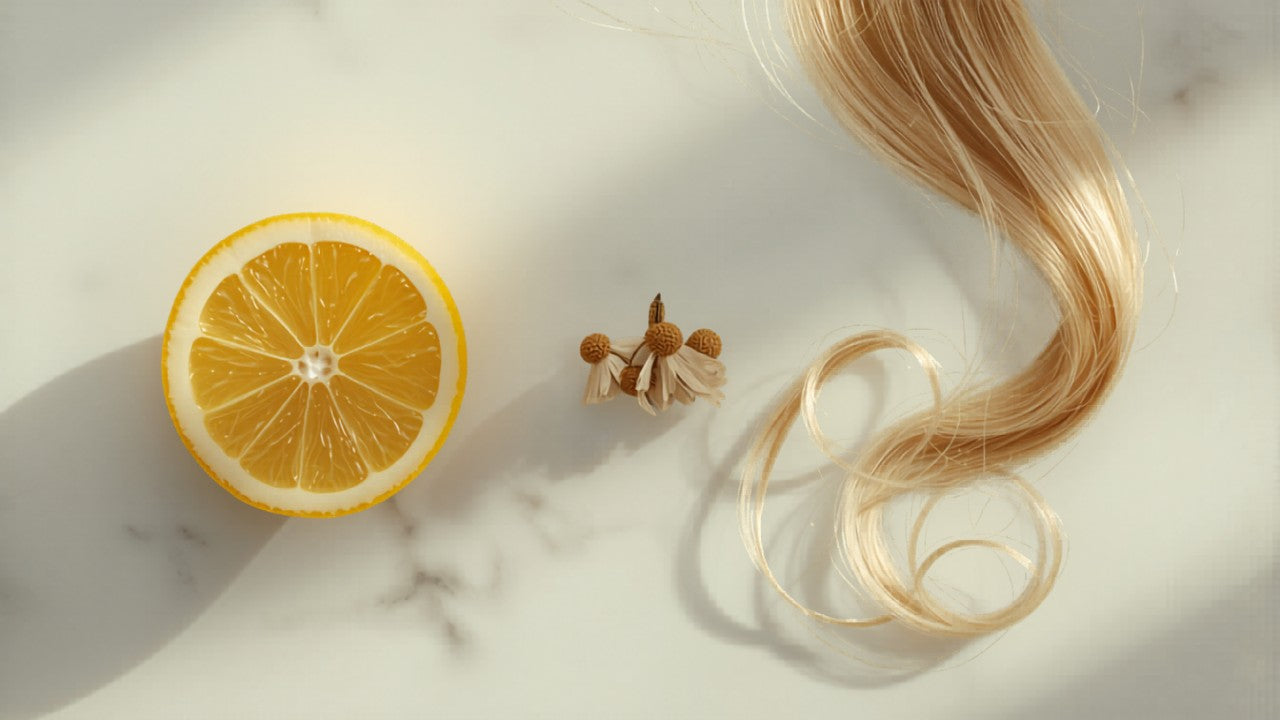 Verse citroen, kamille bloemen en een sprayflesje op een marmeren ondergrond — natuurlijke ingrediënten voor het blonderen van haar zonder verf
