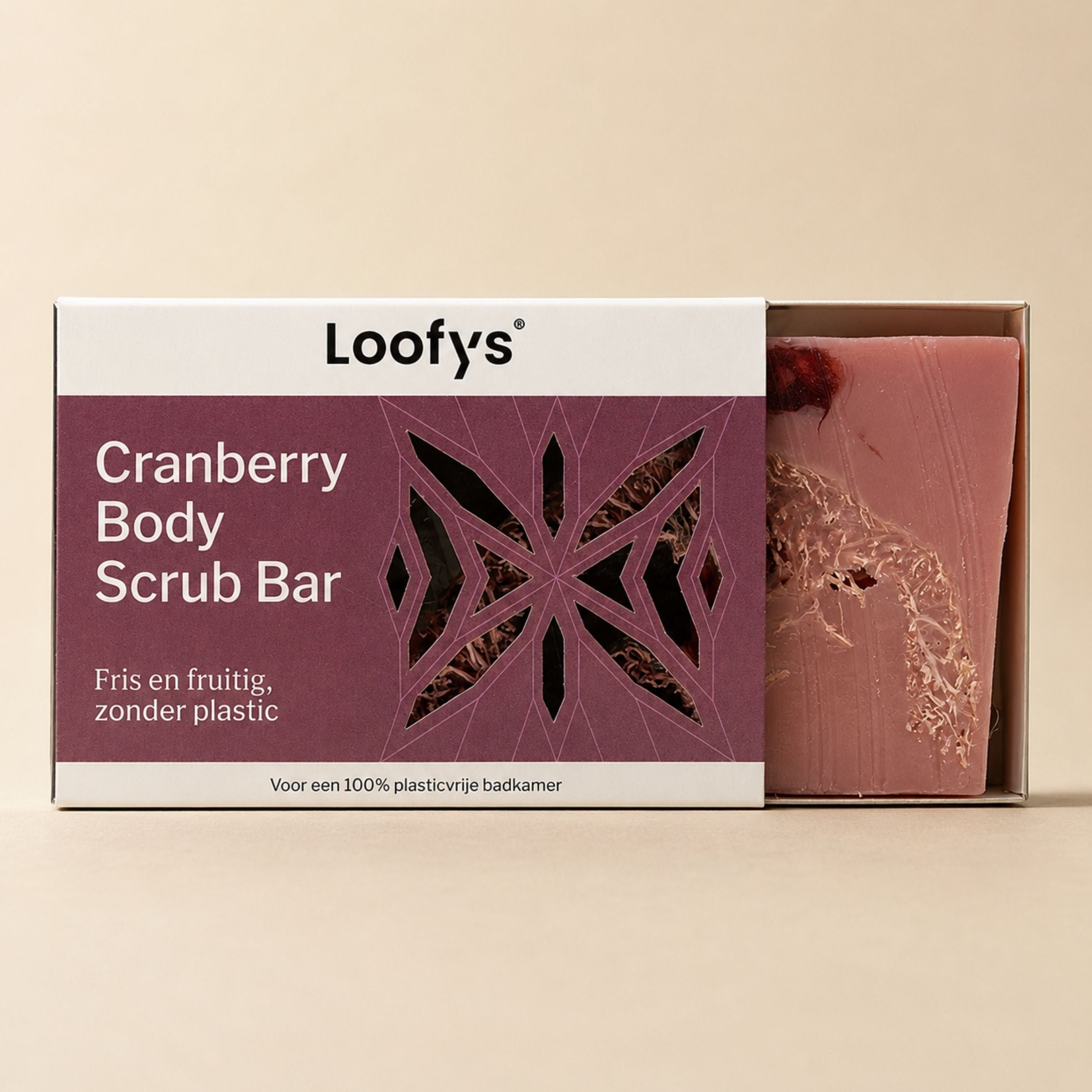 Loofys® body scrub bar Cranberry met loofah, reinigt en scrubt in één stap