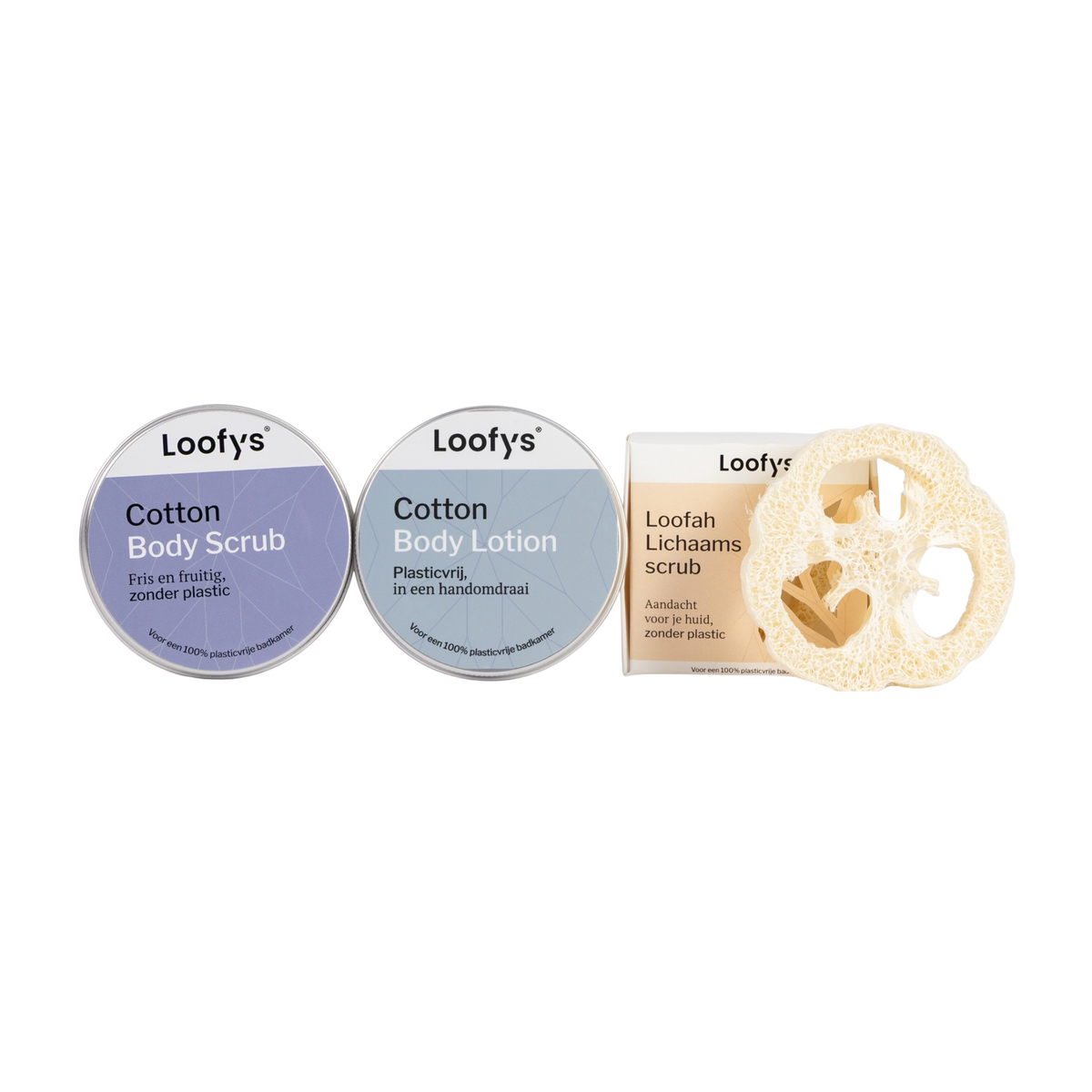 Loofys® Alles-in-1 Cadeauset Cotton – body lotion, body scrub en loofah