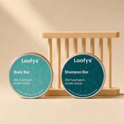 Loofys® Badkamer Set — shampoo bar en body bar in aluminium blikjes, met bamboe zeephouder