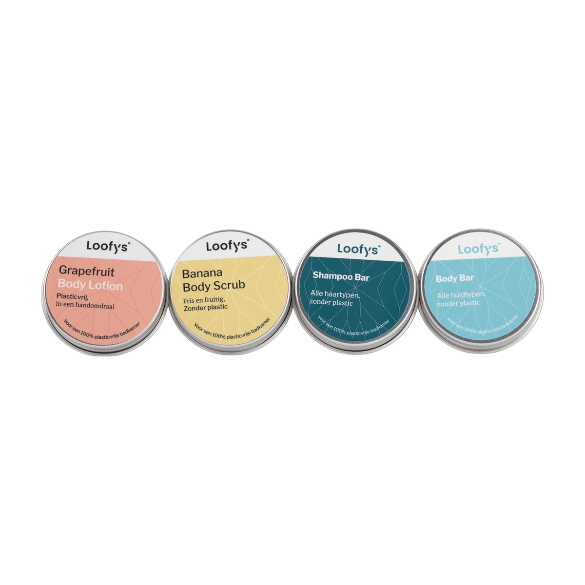 Loofys® Complete Mini Routine 30 g – shampoo bar, body bar, body lotion en body scrub
