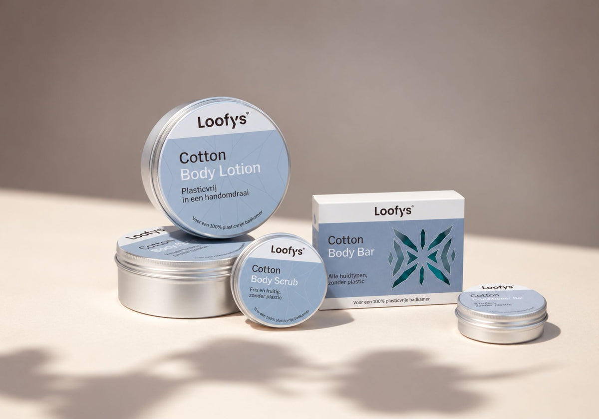 Loofys Cotton shampoo bar, body bar en lotion in een plasticvrije opstelling