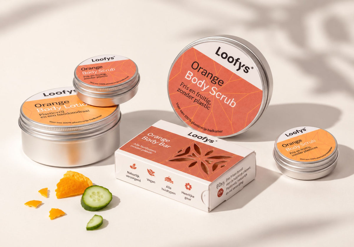 Loofys Orange shampoo bar, body bar en lotion in warme sinaasappelgeur