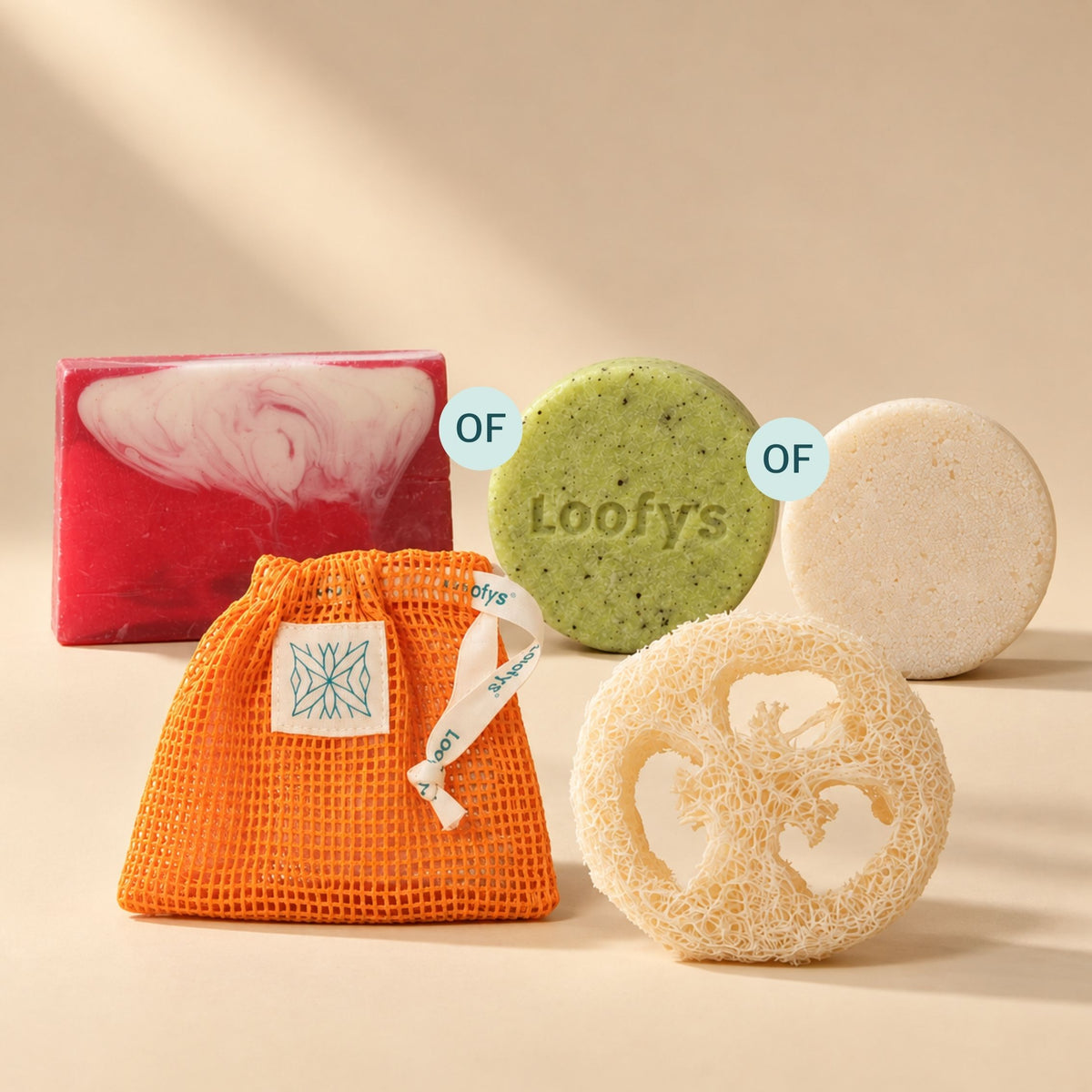 Loofys® Verrassingsset: body bar, shampoo bar of conditioner bar, met oranje katoenen zeepzakje en loofah spons