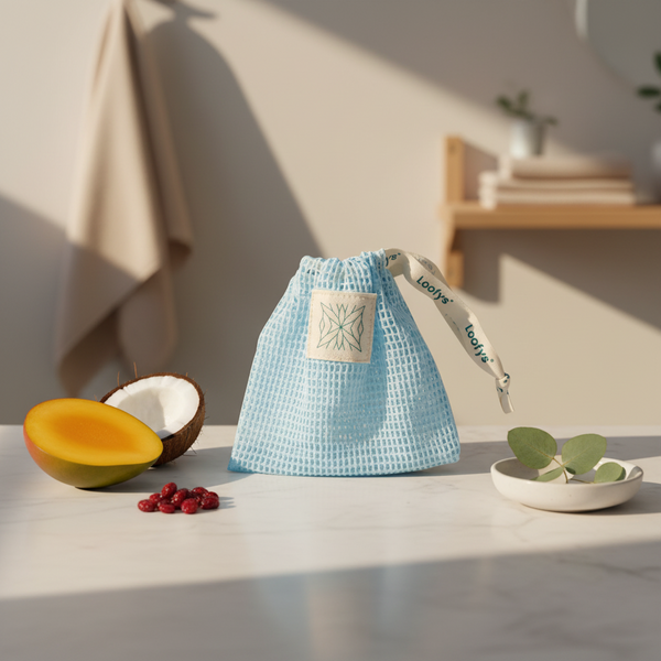Loofys zeepzakje blauw in de badkamer, hangend te drogen aan het koord