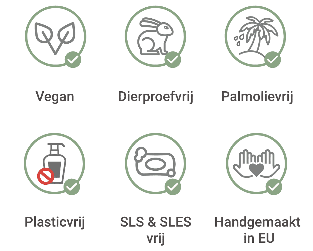 Vegan, Dierproefvrij, Palmolievrij, Plasticvrij, SLS,SLES vrij, Handgemaakt in EU